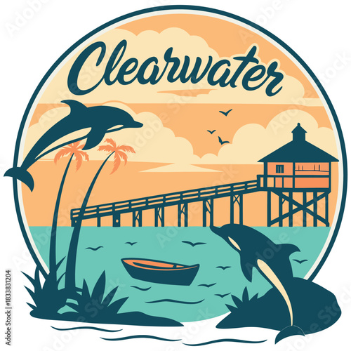 Clearwater Dolphins and Pier – Tropical Sunset Coastal Poster