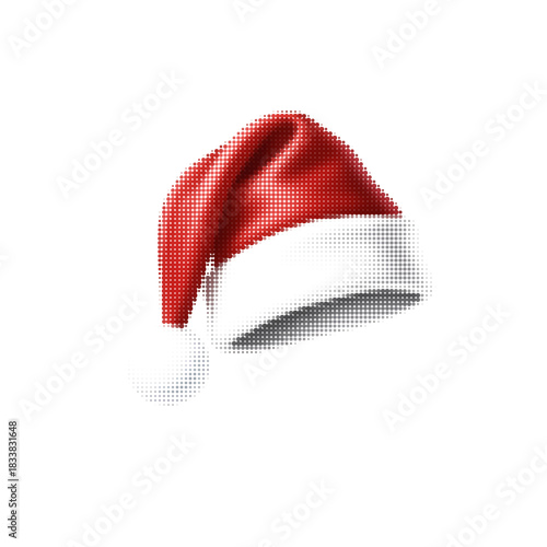 Halftone illustration of a red Santa hat with white trim and pom-pom, isolated on white, festive Christmas design element.