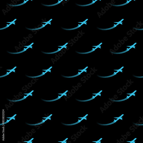 Fly travel takeoff silhouette seamless pattern isolated on black background