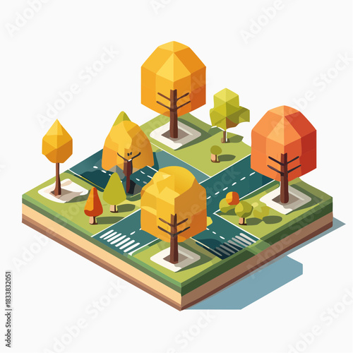 Isometric autumn garden illustration with orange trees and water stream