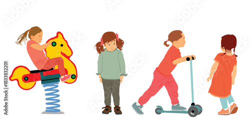 Little girls sisters with friends on playground play game and fun vector illustration isolated on white. Young lady female kids. Kitty daughter and friend. Family children love. Favorite toy scooter.