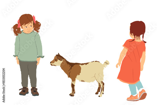 Little girls sisters with baby goat on farm vector illustration isolated on white. Goatling and baby young lady in village. Female kid and lovely pet farm animal. Kitty daughter and friend love family