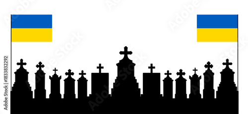 War patriot RIP tombstone flag Ukraine graveyard vector silhouette illustration isolated. Gravestone headstone. Rest in peace soldier military cemetery. Remembering deceased people, family members.