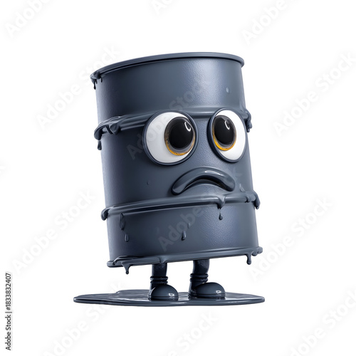 Sad melting oil barrel character with large eyes and a worried expression leaking dark liquid onto a white surface