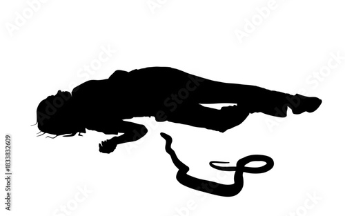 Deadly poison snake venom bite tourist girl lying on the ground vector silhouette illustration isolated. Reptile serpent attacks injured woman victim unconscious lie down. Animal strike human prey.