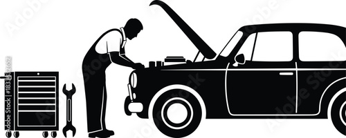 Auto Mechanic Repairing Car Black Silhouette Vector, Technician in Overalls Working on Vehicle Engine with Open Hood, Garage Workshop Service and Tool Box Graphic, Isolated on White.