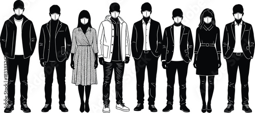 Diverse People Wearing Face Masks Black Silhouette Set, Men and Women in Business and Casual Clothes, Protection and Prevention During Pandemic Vector Graphic, Isolated on White Background.