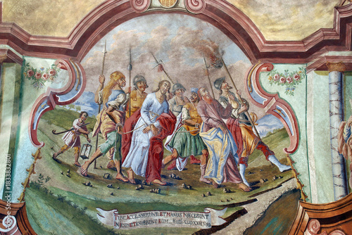 фотографія Jesus is betrayed by Judas and arrested, fresco in the parish church of Our Lady
