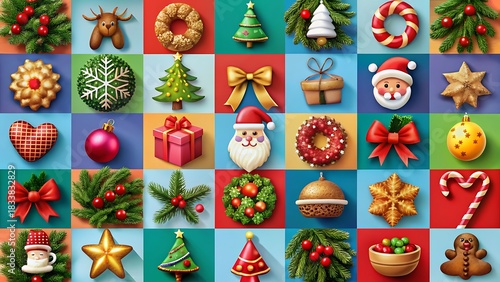 Vibrant collage of festive christmas ornaments and decorations