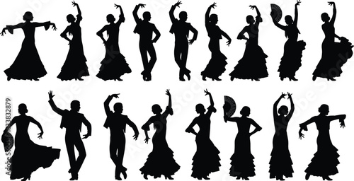 Flamenco Dancers Large Black Silhouette Set, Spanish Man and Woman in Traditional Costume, Dancing with Hand Fans and Sombrero, Passionate Performance Vector Graphics, Isolated on White.