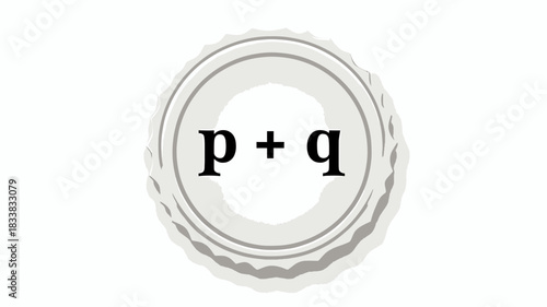 A minimalist vector illustration of a silver bottle cap viewed from above, featuring the algebraic expression "p + q" in black serif font in the center.