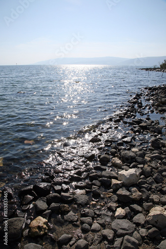 Rocky seascape, seashore in Tabgha, Israel