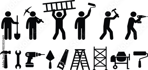 Vector Silhouettes of Construction and Renovation Workers, featuring Builders with Tools, Ladder, Cement Mixer Truck, Safety Gloves, and Boots for Industrial Concepts.Vector Silhouettes