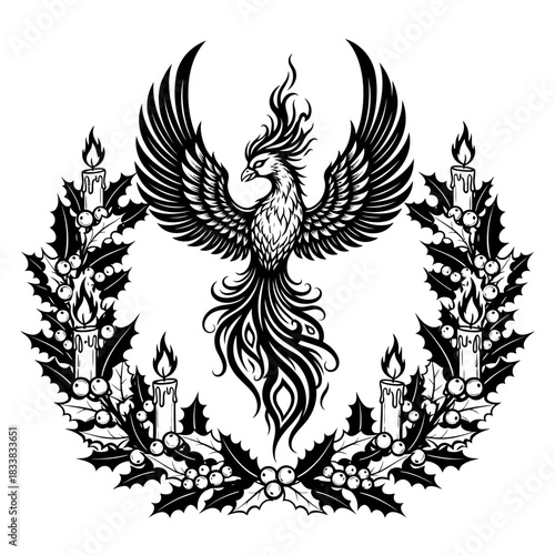 Intricate phoenix illustration surrounded by a wreath of holly and candles in a detailed black and white design