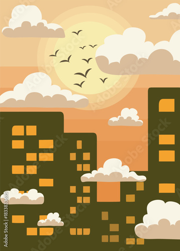 Flat Design Cityscape at Sunset with Flying Birds