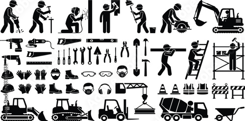 Simple Icon Silhouettes of Construction Workers and Tools, including Shovel, Pickaxe, Ladder, Cement Mixer, Drill, and Saw for Building and Home Repair Graphics.Simple 