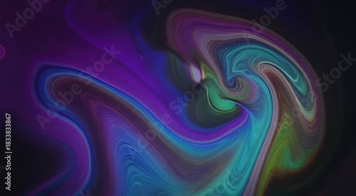 Dynamic and fluid abstract background showcasing a mesmerizing swirl of vibrant iridescent colors like purple, teal, and magenta in a cosmic-like flow