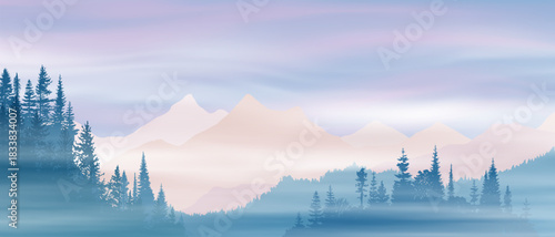 Sunrise in the mountains, wild forest, misty silhouettes of ridges, vector illustration