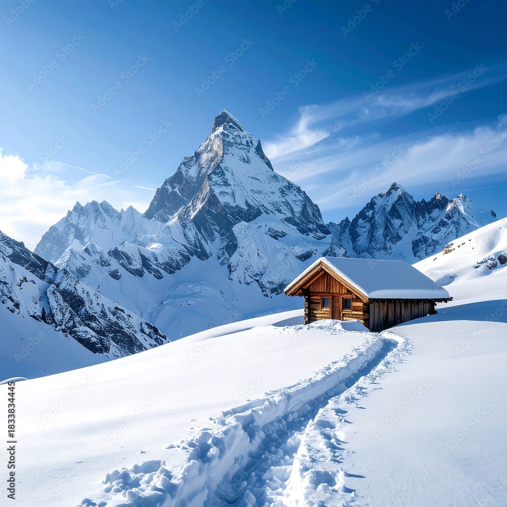 Fototapeta premium Wooden cabin nestled in a snowy mountain landscape beneath a blue sky