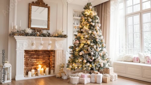 Festive living room displaying a sparkling christmas tree, decorated fireplace, and window seat with gifts