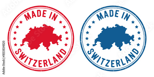 Made in switzerland stamps featuring the country s map in oval shape