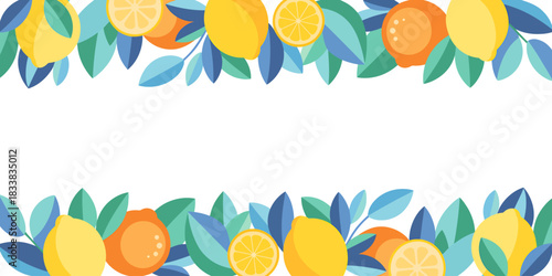 Lemon and orange border with blue green leaves on white background