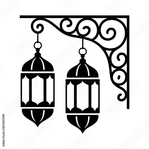 Elegant hanging lanterns with ornate bracket silhouette illustration design