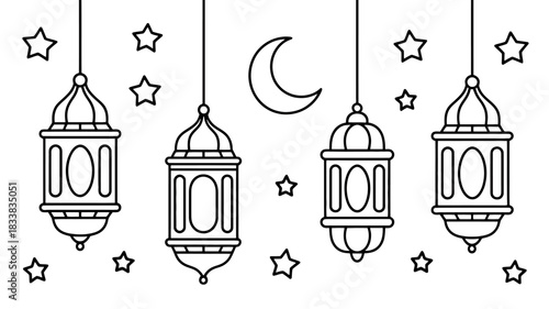 Ramadan kareem coloring page with hanging lanterns and stars
