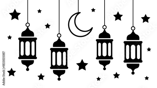 Elegant ramadan decoration with hanging lanterns crescent moon and stars