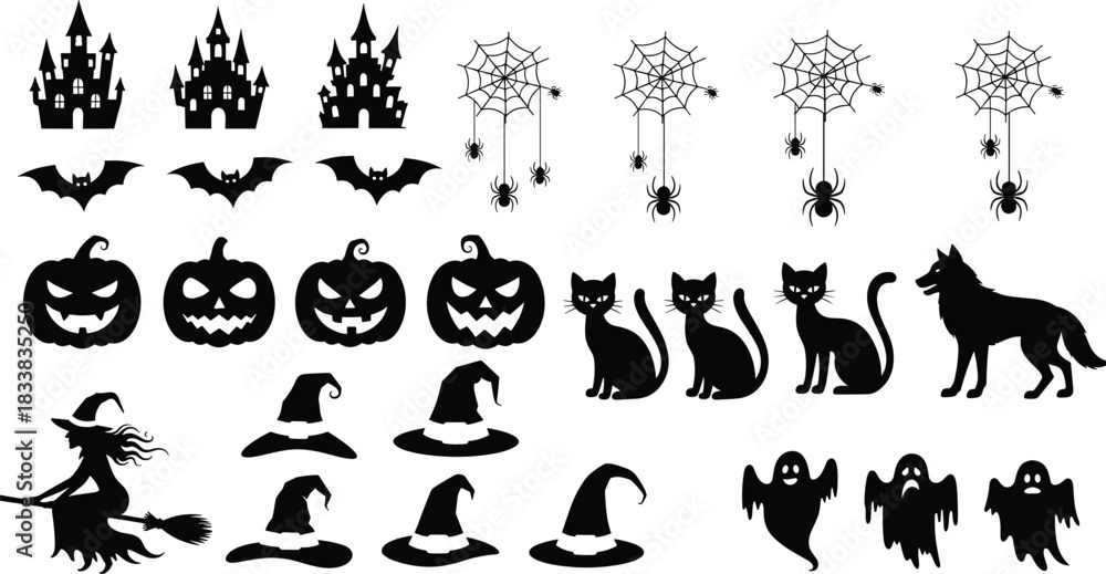 Naklejka premium Simple Halloween Black Silhouette Icons Set, Scary Castle, Flying Bats, Jack-O'-Lantern Pumpkins, Black Cats, Witch Hats, Spiders on Webs, and Spooky Ghosts Vector, Isolated on White.