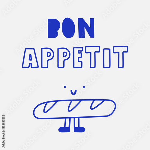French Bakery Illustration. Vector outline of baguette character with text Bon Appetit. For branding, bakery window displays and French cafe graphics.