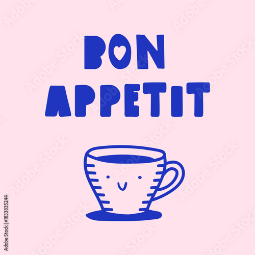 Coffee Shop Illustration. Vector outline of espresso cup character with text Bon Appetit. For cafe wall art, coffee shop merchandise and brunch menu design.