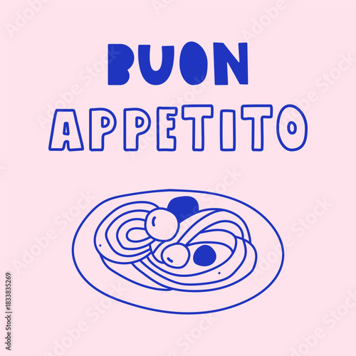 Italian Food Illustration. Vector outline of spaghetti with meatballs and text Buon Appetito. For Italian restaurant branding, pasta packaging and food blog graphics.