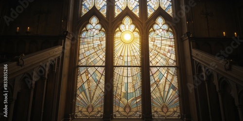 Majestic Stained Glass Window Illuminates Grand Staircase Interior