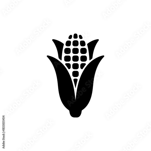 Simple black and white illustration of a corn cob with kernels and husks, perfect for agricultural or food-related themes