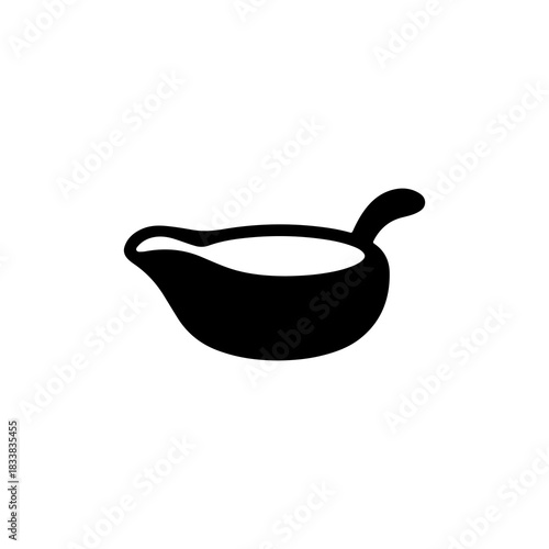 Black and white illustration of a gravy boat, a classic serving dish for sauces and gravies, perfect for culinary themes