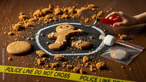 Funny crime scene concept with broken gingerbread man cookie chalk outline and police tape