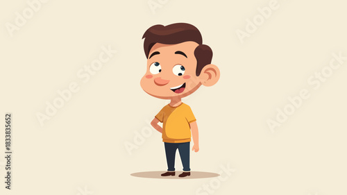 A cute cartoon illustration of a young boy with dark hair, wearing a brown hoodie and jeans, standing in a thoughtful pose with his hand on his chin.