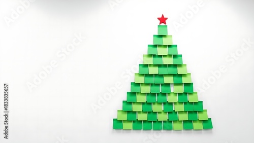 Creative Christmas tree shape made of green sticky notes on white office wall with red star