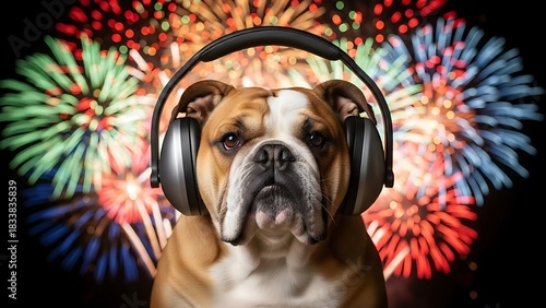 Bulldog dog wearing noise canceling headphones to protect ears from loud fireworks background