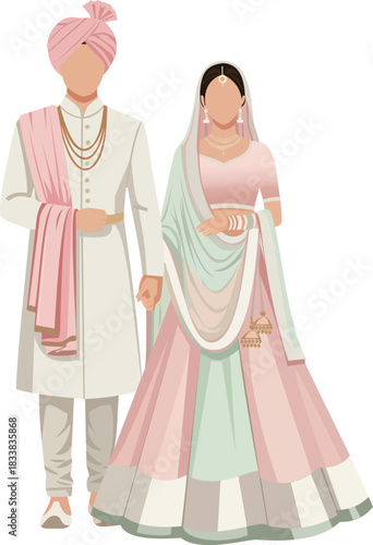Indian Bride and Groom Holding Hands in pastel outfit
