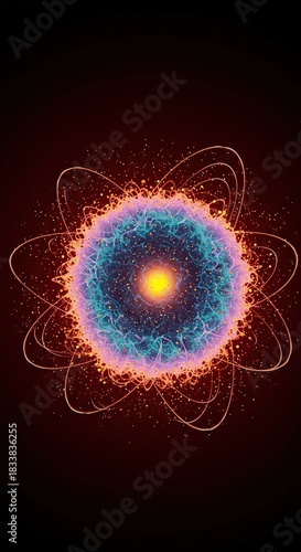 Vibrant abstract representation of microscopic matter, illustrating the core principles of atomic structure, energy, and interconnected particles ,atom ,system ,connection