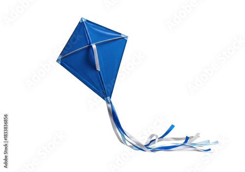 Deep sapphire blue paper kite with shimmering azure and silver satin ribbons, centered, ultra-detailed macro product shot against a transparent background concept of childhood dreams and summer