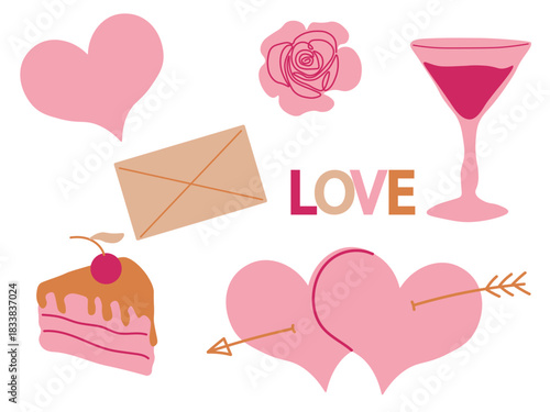 set of Saint Valentine day stickers.  various romantic flat objects. Isolated on white background