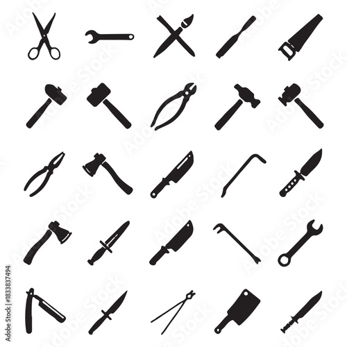 This image displays a grid of 25 black and white icons, each depicting a different tool. The tools range from common household items like scissors and hammers to more specialized equipment like saws, 