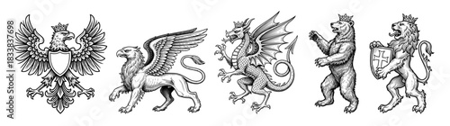 Heraldic animals set with crowns in vintage style