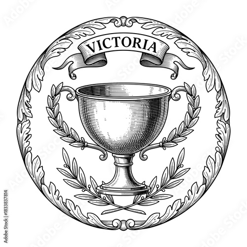 Victoria emblem with trophy cup and laurel wreath