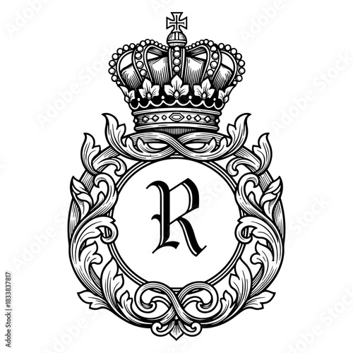 Royal monogram crest with letter R and crown