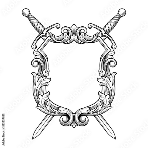 Crossed swords in ornate shield frame, vintage design