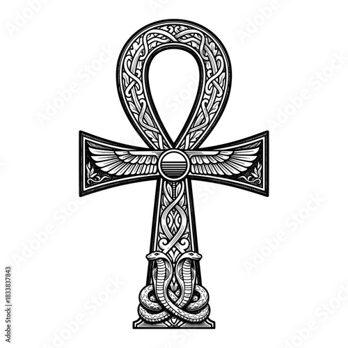 Ornate Egyptian ankh symbol with wings and snakes